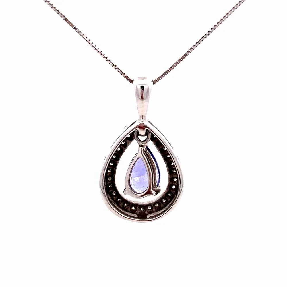 Designer RCI 14K White Gold Floating Tanzanite Pear Diamond Accent Halo Necklace